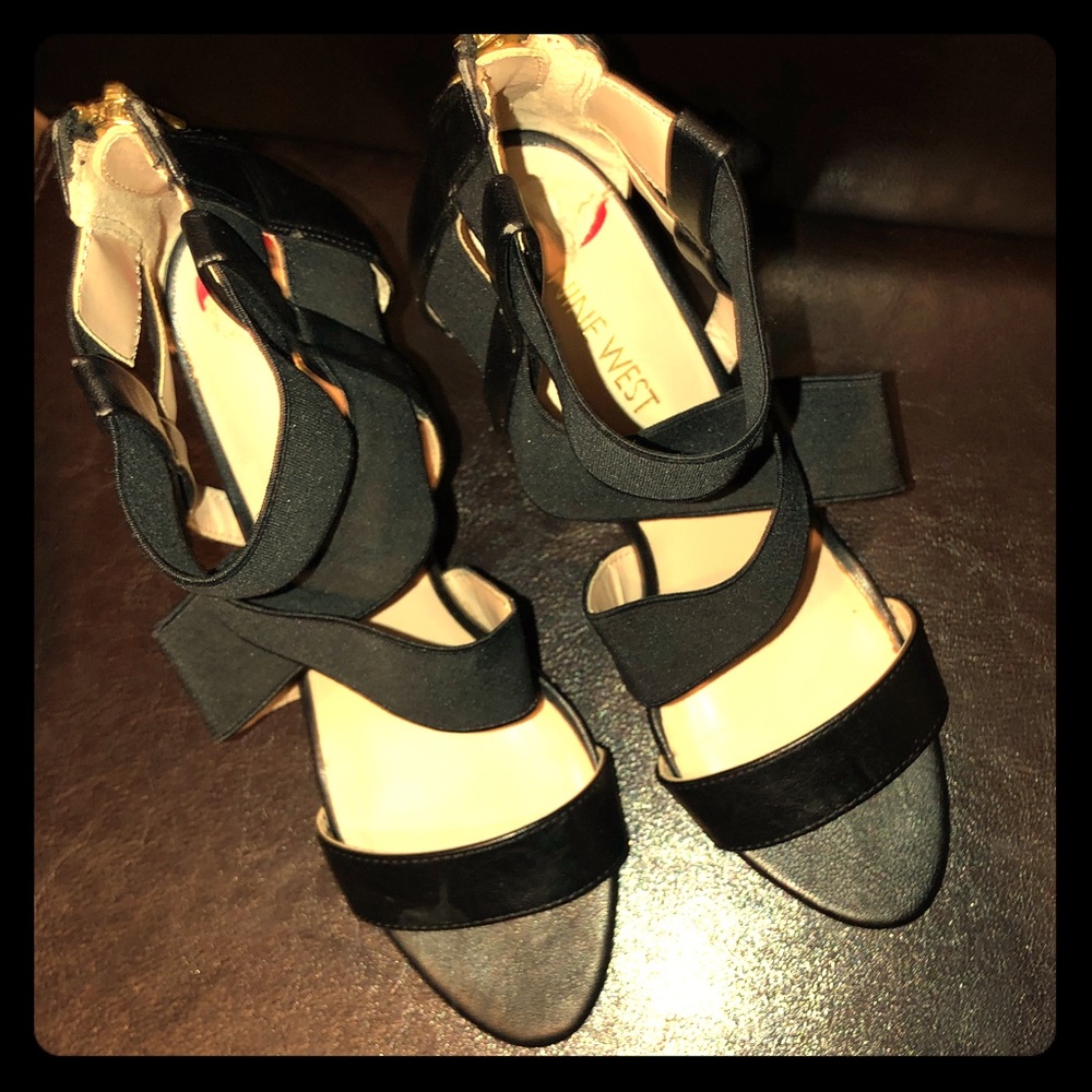 Nine West black strappy stretch stilettos